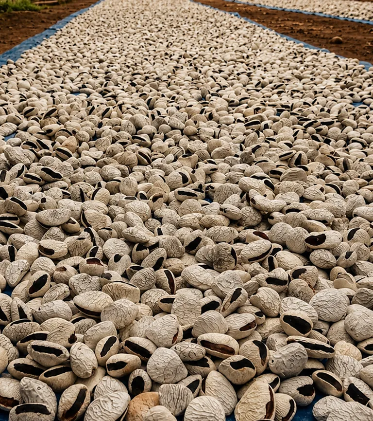 Pangi seeds drying in long rows under the Bali sun