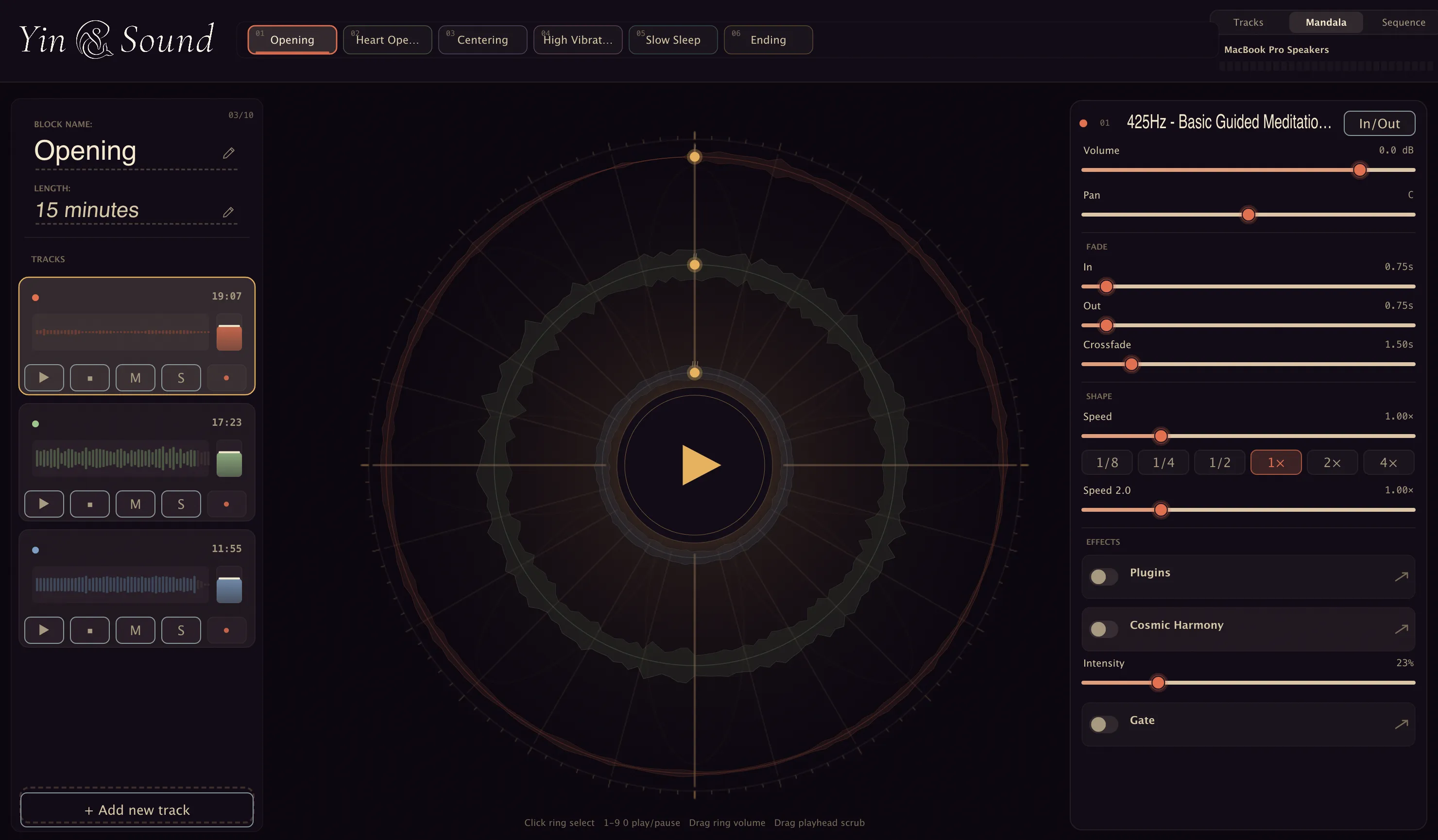 The Yin & Sound app, the Mandala performance view