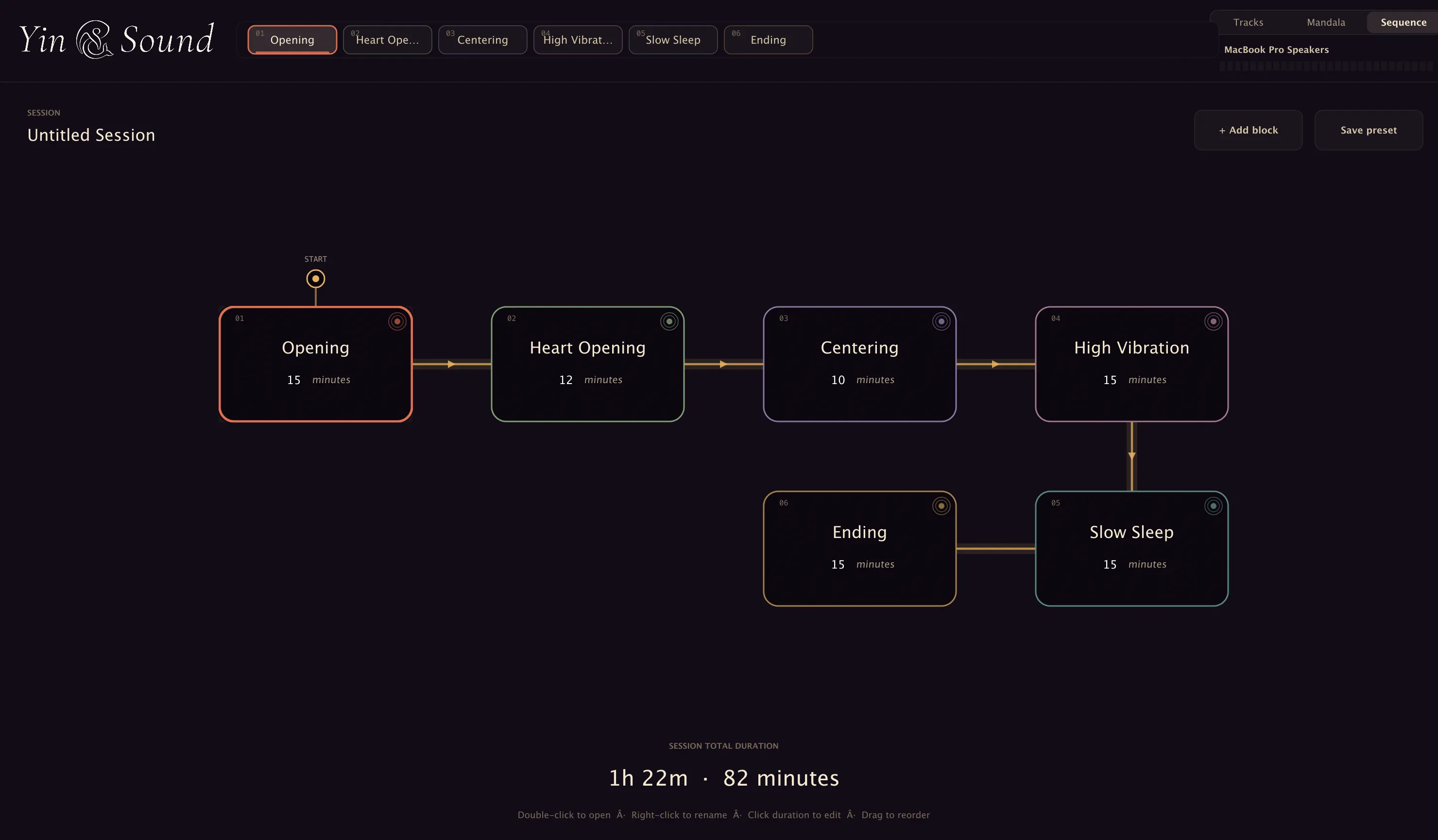 The Sequence view, the whole session as connected blocks totalling 1h 22m